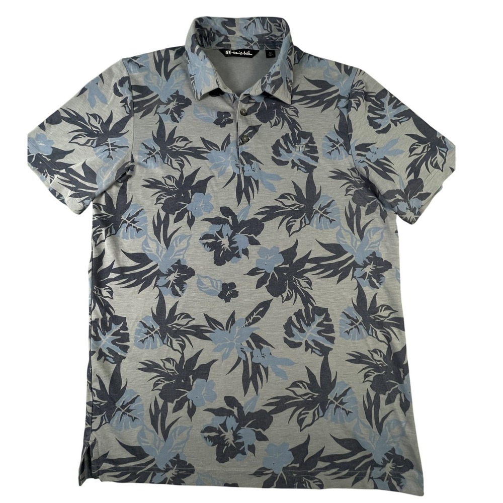 Travis Mathew Golf Polo Mens M Grey Blue Floral Leaf Performance Knit Tropical